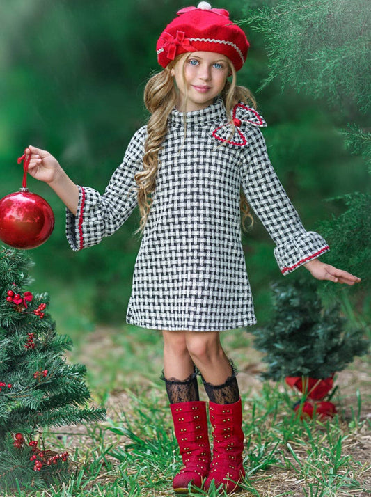 Plaid Mitzi Turtleneck Dress w/ Shoulder Bow & Ruffle Cuffs