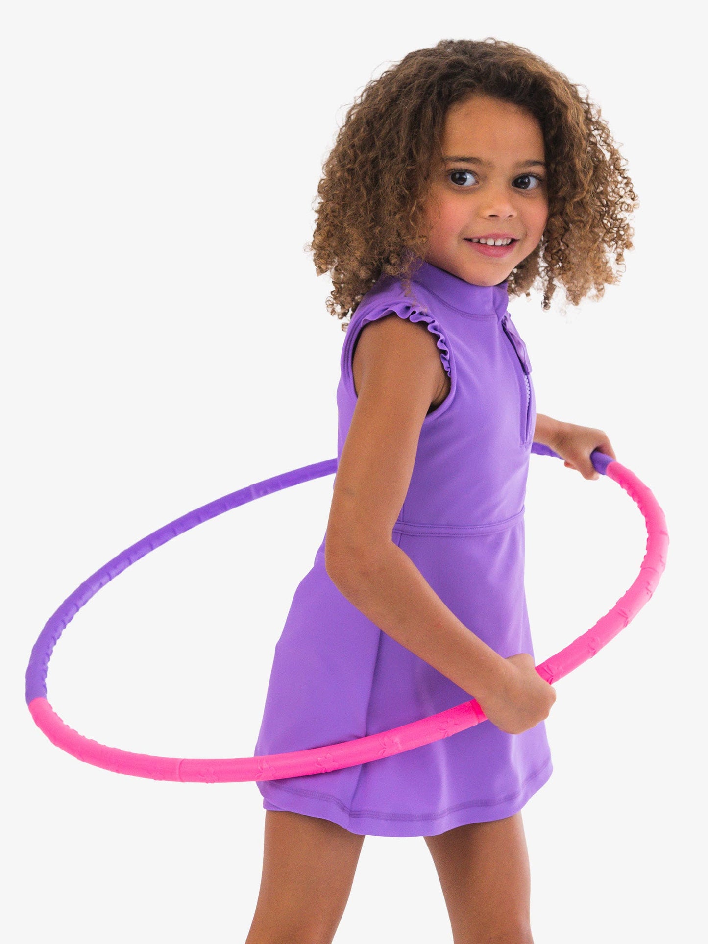 Girls Neon Purple Flutter Sleeve Active Dress & Bike Short Set