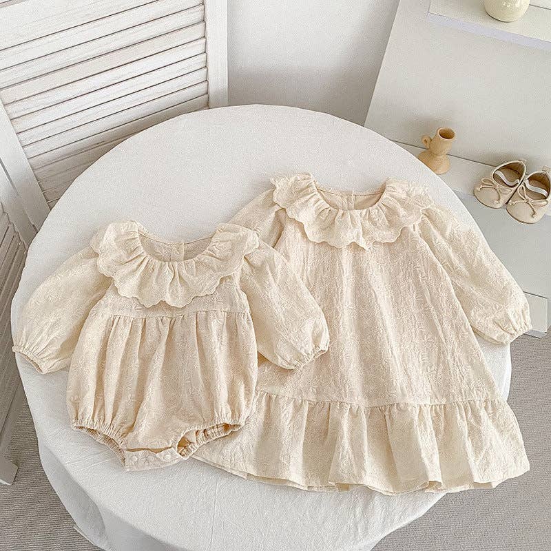 Long-Sleeved Embroidered Baby Doll Collar Dress/Romper- Multiple Colors Available