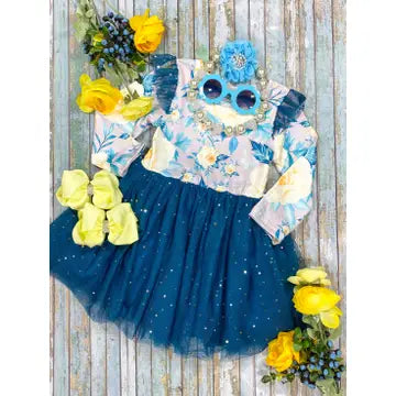 Last One: Girls Blue Floral Sparkle Tutu Dress